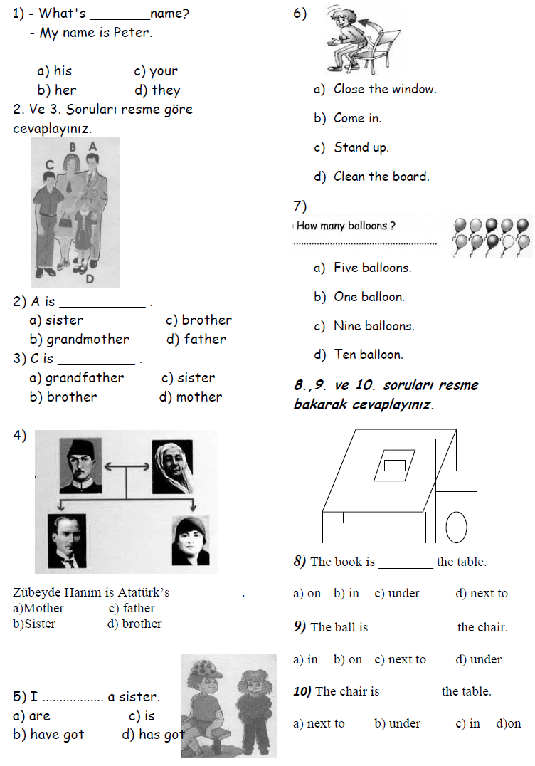 4 sınıf ingilizce testleri